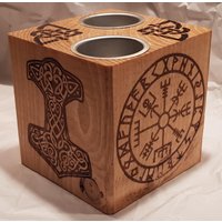 Teelichthalter Aus Massivholz Viking Vegvisir Mjölnir Würfel 10 cm Oder 7 von LasergravurenShop