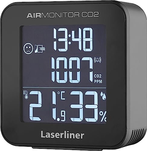 Laserliner CO2 Melder, Luftqualität Messgerät für Kohlendioxid, Innenraum Air Monitor mit Lüftungsempfehlung, Alarm, Temperatur und Luftfeuchtigkeit von Laserliner