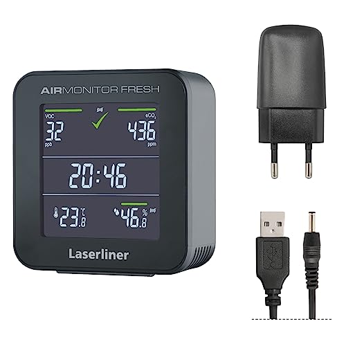 Umarex Laserline AirMonitor Fresh (mit Präzisionssensor, Messung der flüchtigen organischen Verbindungen, zeigt den berechneten eCO₂-Gehalt, Luftfeuchtigkeit, Temperatur und Uhrzeit an) 082.430A von Laserliner