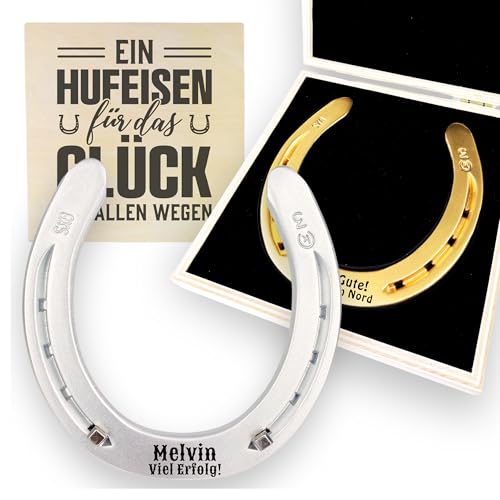 Hufeisen GLÜCK aus schwerem Eisen Glücksbringer in gold oder silber mit Geschenkbox aus Holz mit persönlicher Gravur Geschenk Taufe Geburt Feiertage Kirche Jahrestag Valentinstag von Lasernauten