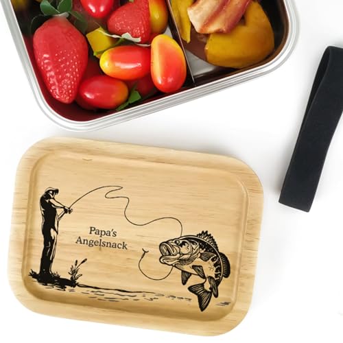 Lasernauten Edelstahl Brotdose Lunchbox für Angler und Fischer personalisiert mit Wunschtext Bambusdeckel angeln fischen Name Wunschgravur Bento Stil von Lasernauten