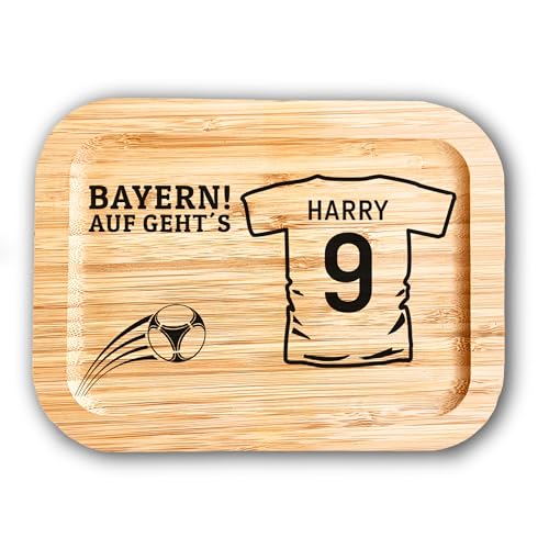 Lasernauten Edelstahl Brotdose Lunchbox für Fußballer und Fußballfans personalisiert mit Trikot und Wunschtext Bambusdeckel Name Wunschgravur Bento Stil von Lasernauten