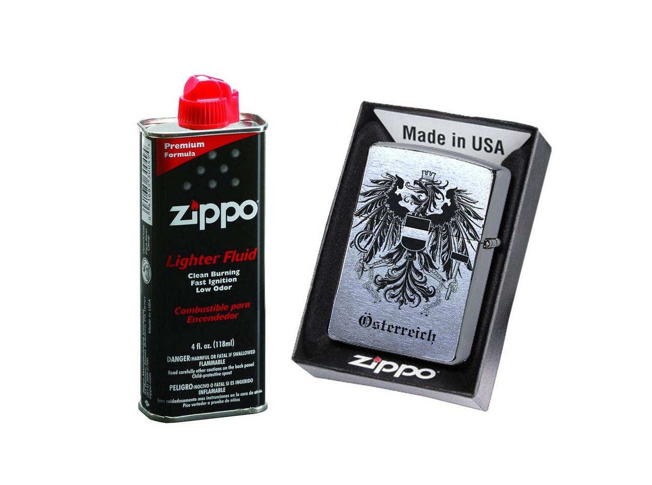 Lasernauten Feuerzeuge Zippo Feuerzeug mit Gravur Österreich Wappen Chrome Brushed Austria, Benzinfeuerzeug von Lasernauten