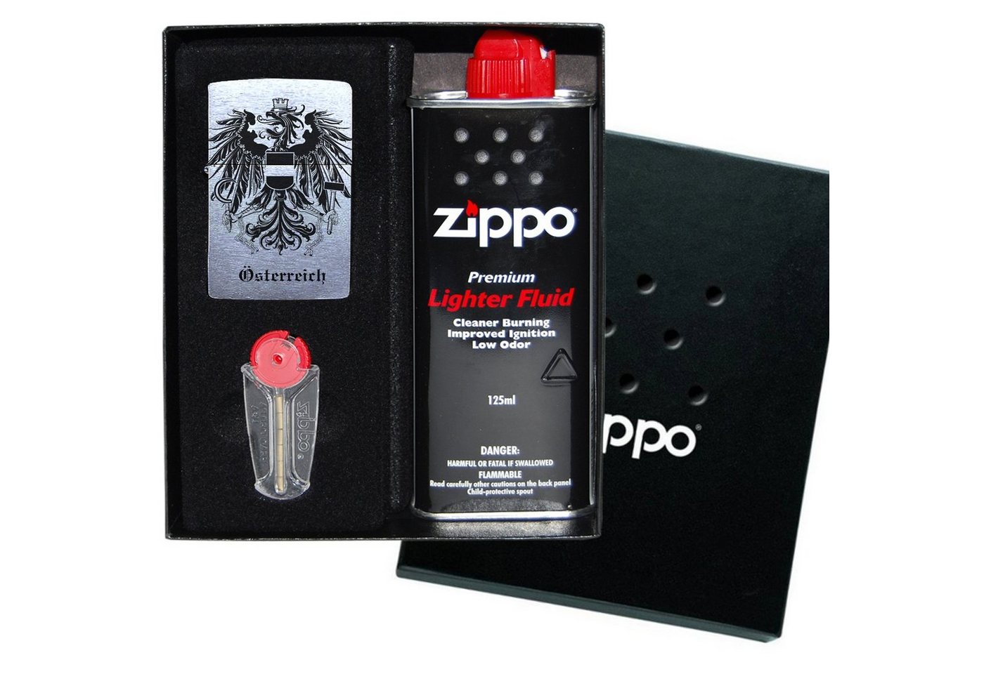 Lasernauten Feuerzeuge Zippo Feuerzeug mit Gravur Österreich Wappen Chrome Brushed Austria, Benzinfeuerzeug von Lasernauten