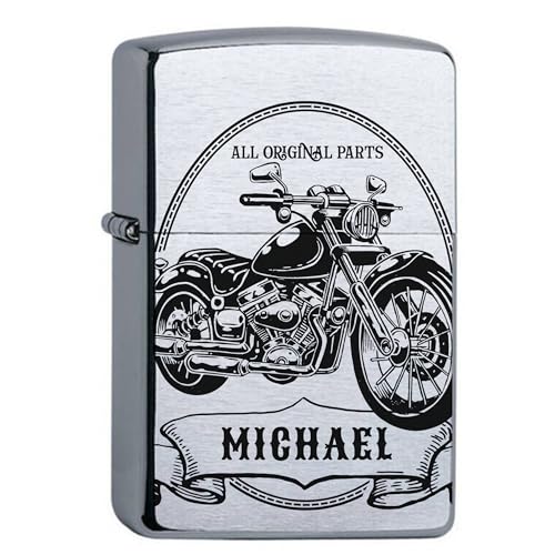 Zippo Benzinfeuerzeug mit Gravur Motorrad personalisiert mit Name für Motorradfahrer Biker Chopper Sturmfeuerzeug Chrome Brushed Geschenk (Motiv 1: Bike) von Lasernauten