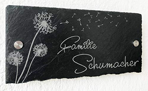 Türschild Namensschild Klingelschild Schiefer inkl Gravur Pusteblume 15x30 cm (mit Lochbohrung & V2A Abstandhalter) von Laserworks
