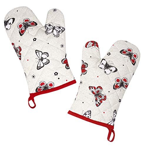 Lashuma Handschuhe rot - beige, 2X Küchenhandschuhe Schmetterlinge, Ofenhandschuhe 30x20 cm von Lashuma