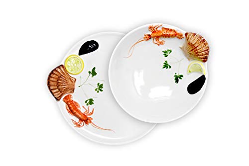 Lashuma 2er Fisch Geschirrset, Runder Platzteller 25 cm und Suppenteller 22 cm, Handgemachte Keramikteller aus Italien von Lashuma