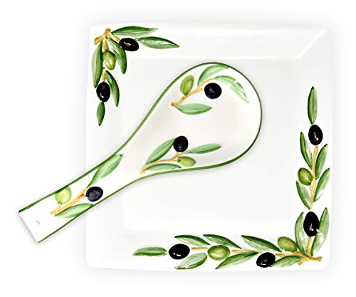 Lashuma 2er Set Handgemachte Keramik, Oliven Servierplatte 27 x 27 cm und Löffelablage aus Italienischer Keramik von Lashuma