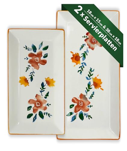Lashuma 2x Keramikteller eckig, Servierplatte bunt Blütenfest 28x15 cm, Salatteller tief 38x18 cm von Lashuma