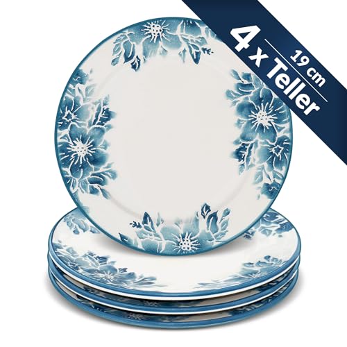 Lashuma 4x Speiseteller blau weiß, Tellerset Keramik 19 cm Ø, runde Dessertteller Blumen Enzian von Lashuma