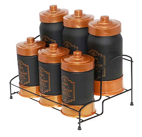 Lashuma 6er Set Gewürzgläser rund, 3x Kaffeedosen 660 ml - 3x Keksdosen 1000 ml, Farbe: Schwarz - Kupfer von Lashuma