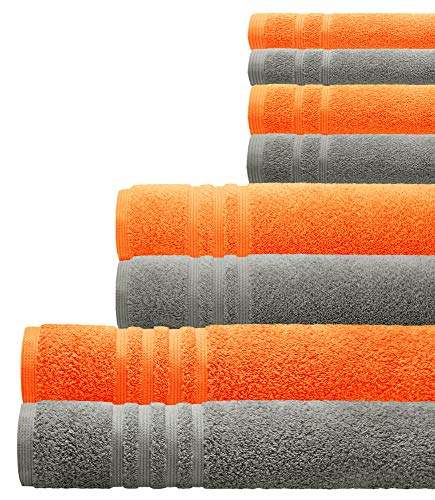 Lashuma 8er Set Handtücher, 2 Waschtücher 30x30, 2 Gesichtstücher, 2 Handtücher, 2 Duschtücher, Stein Grau – Orange London von Lashuma