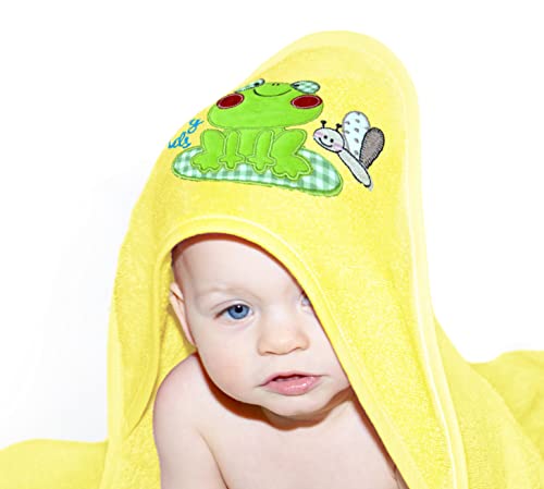 Lashuma Baby Badehandtuch für Jungen und Mädchen, Kapuzen Handtuch 75x75 cm gelb, Strandtuch Stick: Frosch von Lashuma