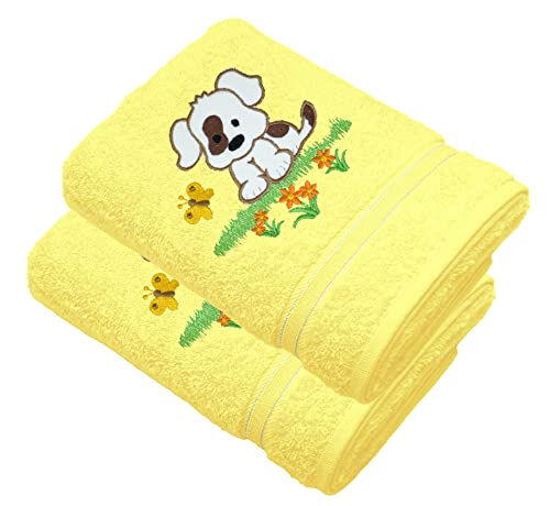 Lashuma Baby Badetuch Set mit Stick: Hund, 2X Kinder Handtücher Gelb, Babyduschtuch Größe: 50x90 cm von Lashuma