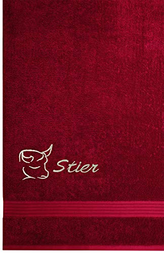 Lashuma Besticktes Handtuch Linz mit Tierkreiszeichen Stier, Handtuch Größe 70x140 cm, Badetuch Rubin Rot von Lashuma