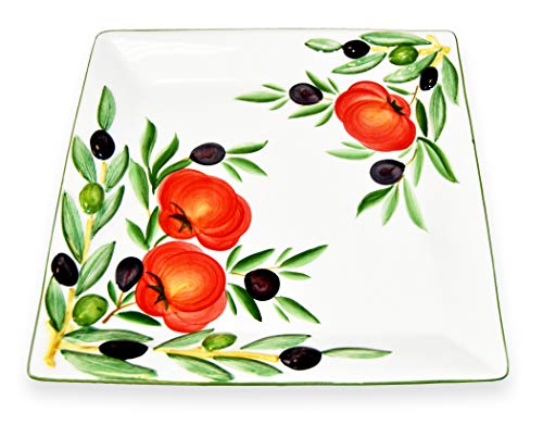 Lashuma Eckige Aufschnittplatte Keramik, Handgemachter Servierteller 27x27 cm, Gourmetplatte Design: Tomate Olive von Lashuma