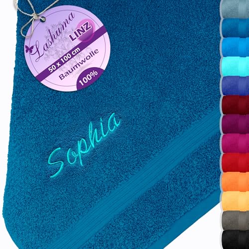 Lashuma Frottee Handtuch Bestickt Blau - Petrol, Linz Frottiertuch 50x100 cm, Fitnesshandtuch Frottee von Lashuma