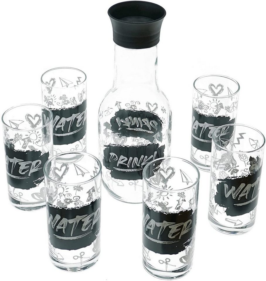 Lashuma Gläser-Set Schwarz-Weiß, Glas, 6x Trinkgläser für Wasser 290 ml, 1x Karaffe Glas 1000 ml von Lashuma