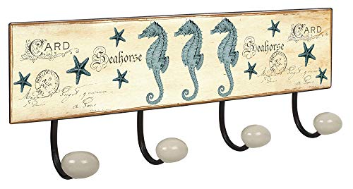 Lashuma Große Wand Hakenleiste 40x15,5 cm, 4x Badehaken, Blechschild Kleiderhaken Garderobenleiste, Design Seepferd von Lashuma