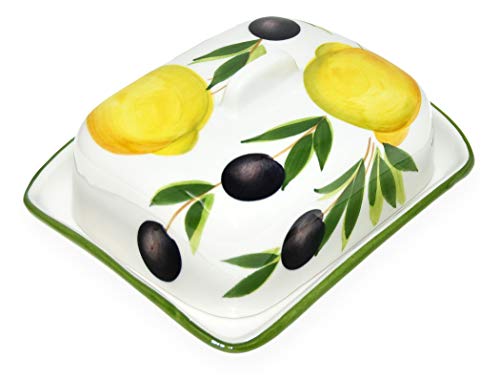 Lashuma Handgemachte Butterdose aus Italienischer Keramik im Zitronen - Oliven Design, Butterbox Größe 18x14 cm von Lashuma