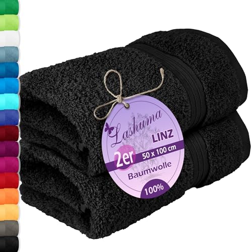 Lashuma Handtuch Set Baumwolle schwarz, Linz 2er Handtücher Set 50x100 cm für Damen und Herren von Lashuma