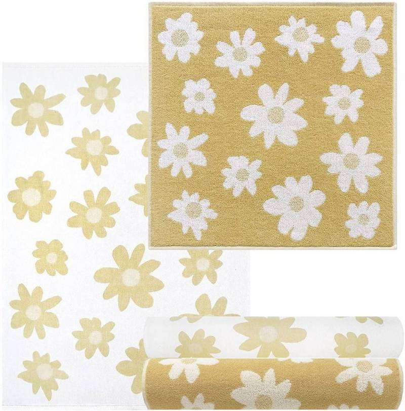 Lashuma Handtuch Set Blumen, Frottee, (4-tlg), 2x Geschirrhandtücher 50x70 cm - 2x Frotteetücher 50x50 cm gelb von Lashuma