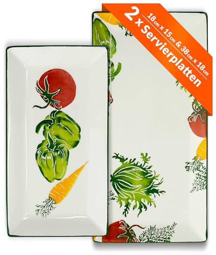 Lashuma Keramik Teller 2er Set, Dessertteller bunt Gemüse 28x15 cm, Fleischplatte groß 38x18 cm von Lashuma