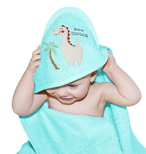 Lashuma Kinder Strandtuch für Jungen blau, Baby Handtuch 75x75 cm mit Stick: Dinosaurier, Badetuch mit Kapuze von Lashuma