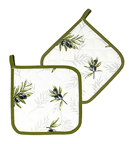 Lashuma Topflappen Set Olive grün - weiß, 2X Topfuntersetzer quadratisch, Topfhalter 20x20 cm von Lashuma