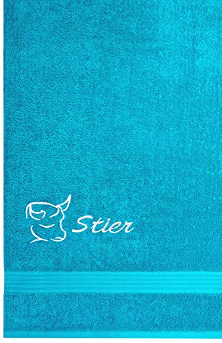 Lashuma Linz Frotteetuch mit Tierzeichen Stier Stickerei, Duschhandtuch 70x140 cm, Fitnesstuch Aquamarin Blau von Lashuma