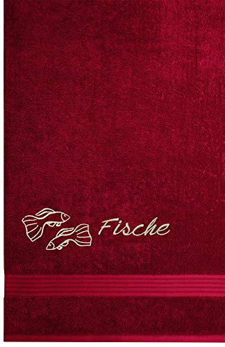 Lashuma Linz Handtuch Bestickt mit Sternbild Fische, Duschtuch Rot - Rubin, Badetuch 70x140 von Lashuma