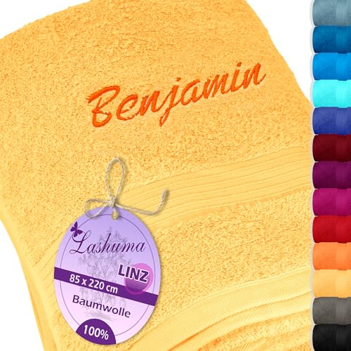 Lashuma Linz Saunahandtuch in Gelb Bestickt mit Name, Strandtuch groß 85x220 cm Lashuma Linz Saunahandtuch in Gelb Bestickt mit Name, Strandtuch groß 85x220 cm von Lashuma
