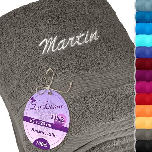 Lashuma Linz Saunatuch Grau - Dunkel mit Name Stick 85x220cm, personalisiertes Badetuch Lashuma Linz Saunatuch Grau - Dunkel mit Name Stick 85x220cm, personalisiertes Badetuch von Lashuma