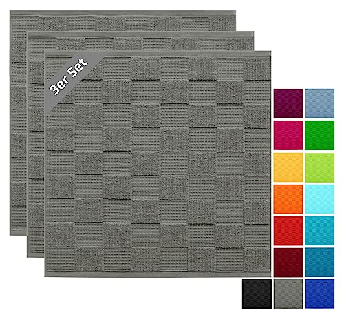 Lashuma 3er Set Küchenhandtücher 50x50 cm Grau - Dunkel, Waffelpique Geschirrtücher Lissabon, Frotteetücher von Lashuma