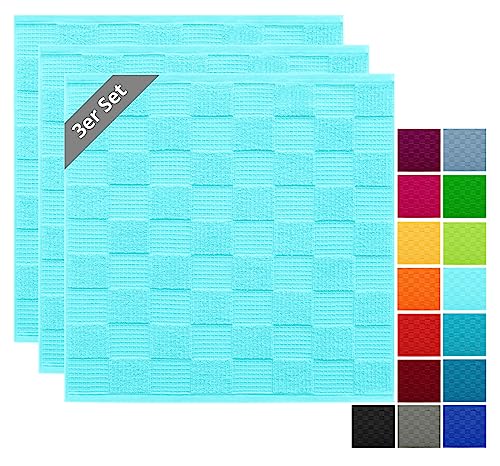 Lashuma Lissabon Küchentücher Set, 3X Geschirrhandtuch Frottee, waschbar Farbe: Türkis 50x50 cm von Lashuma