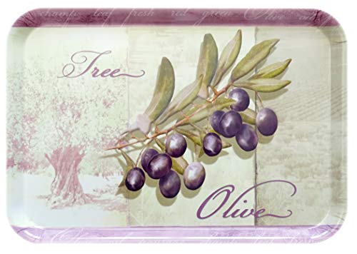 Lashuma Melamin Frühstückstablett rechteckig, Mediterranes Motiv: Olivenbaum, Deko Tablett Grün ohne Griffe 38x26 von Lashuma
