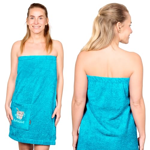 Lashuma Saunakilt Dame L - XXL, Lillby Frottee Saunahandtuch, Saunatuch Baumwolle Blau - Aquamarin mit Klettverschluss u. Gummizug von Lashuma
