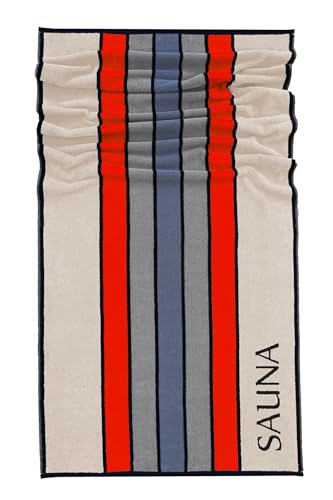 Lashuma Saunatuch Stockholm Gestreift, Beige - Rot - Grau, XXL Liegetuch mit Sauna Aufschrift, Strandtuch Badetuch 85x200 cm von Lashuma