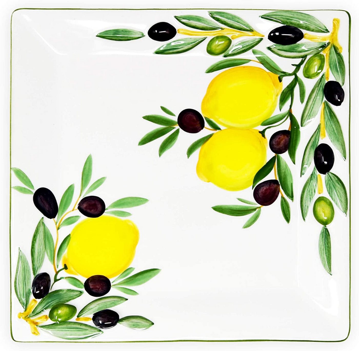 Lashuma Servierplatte Zitrone Olive, Keramik, (1-tlg., 27 x 27 cm), Quadratischer Obstteller mit Zitronen Oliven Design von Lashuma