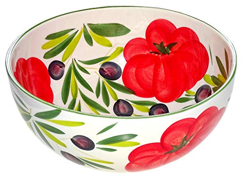 Lashuma Servierschale rund 26 cm, Italienische Keramik Schüssel Tomate - Olive, Große Salatschale handgefertigt von Lashuma