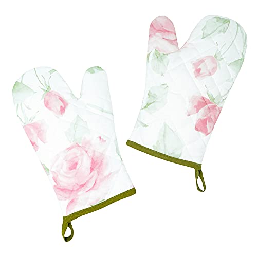 Lashuma 2X Backhandschuhe, Kochhandschuhe Damen 30x20 cm, Topfhandschuhe rosa - grün Design: Rosen von Lashuma