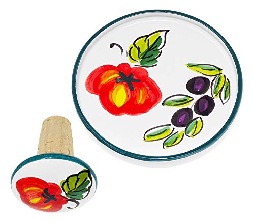 Lashuma Weinstopper Set 2 teilig, Motiv: Tomate Olive, 1x Weinstopfen 15 mm mit Keramik Griff und 1x Tablett von Lashuma