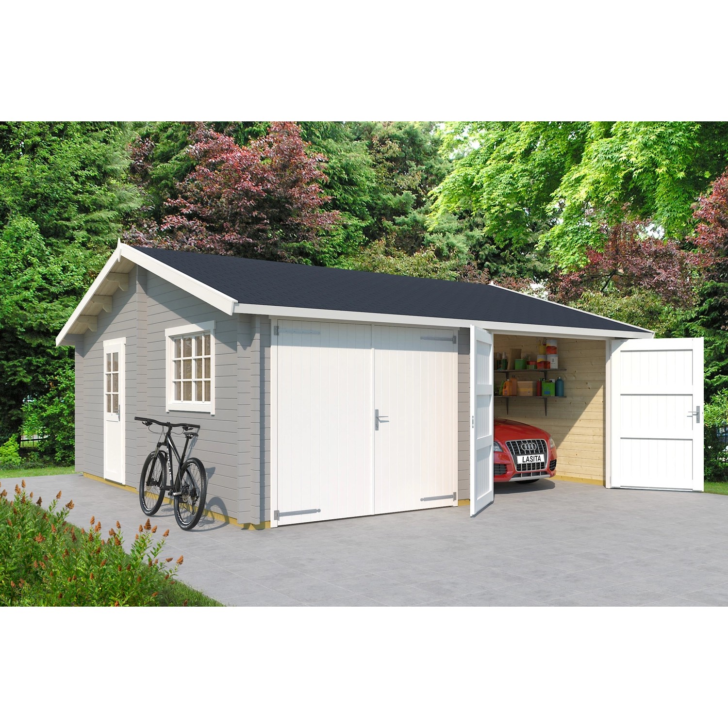 Lasita Maja Doppell - Holzgarage Falkland mit Holztor Lichtgrau 575 cm x 575 cm Lasita Maja Doppell - Holzgarage Falkland mit Holztor Lichtgrau 575 cm x 575 cm von Lasita