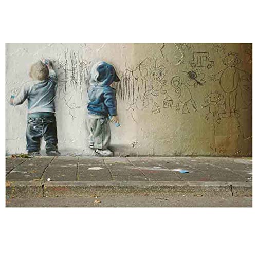 Lasite Banksy《Zwei Kinder-Graffiti》Leinwandbilder Graffiti Kunstdruck Bilder Reproduktion Leinwanddruck Bilder Leinwand Gemälde Wanddekoration Wandbild（55x83cm） 22x33inch,Ungerahmt von Lasite