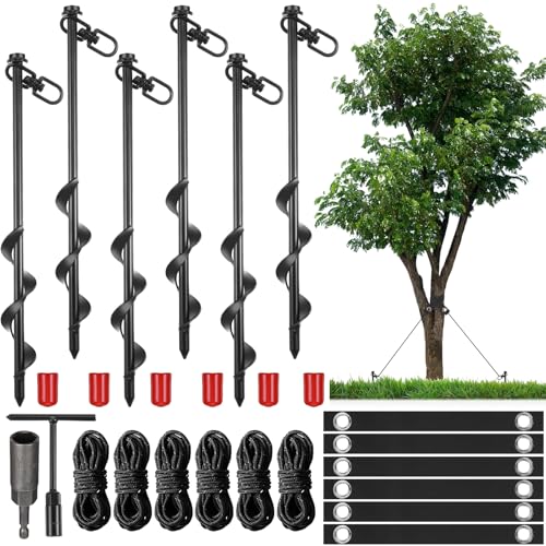 Lasnten Baumpfahl-Set, robuste Baumpfähle und Stützgurte zum Glätten, Anlehnen junger Bäume, Stabilisator, Metall-Spiralpfähle, Anker, schützt vor schlechtem Wetter, 6 Stück (schwarz) von Lasnten