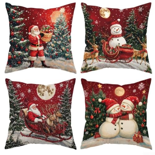 4 Stück Urlaubs-Kissenbezüge mit Weihnachtsmann-, Schneemann- und Rentier-Designs für saisonale Heimdekoration, aus lichtbeständigem Polyester mit latentem Reißverschluss (JIAX122-5) von Lastdaytime