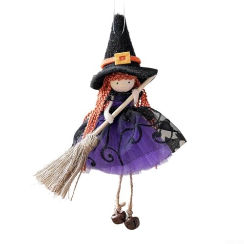 Halloween-Hexen-Ornament mit Besen zum Aufhängen an Baum oder Tisch, schafft festliche und geheimnisvolle Atmosphäre (lila) von Lastdaytime