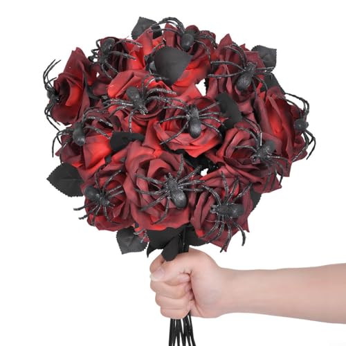 Lastdaytime 10 Stück künstliche Halloween-Blumensträuße mit Rose und Spinne für saisonale Heim-, Büro- und Themenparty-Dekorationen (rot) von Lastdaytime