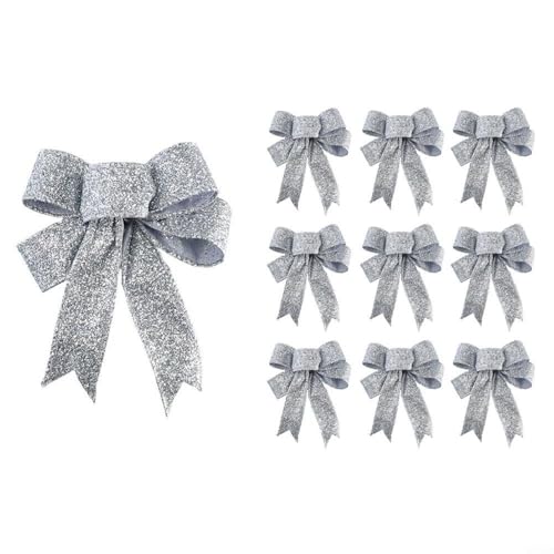 Lastdaytime Glänzende Weihnachtsschleifendekorationen, 10 Stück, Rot, Silber, Gold, festliche Akzente für Baumkranz, Urlaubsdekoration, 10 x 8 cm (Silber) von Lastdaytime
